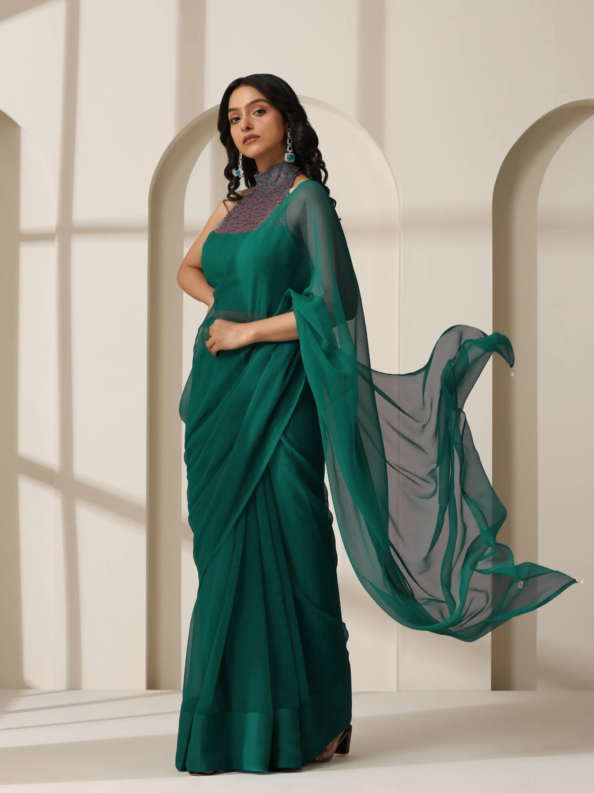 Vivid Sea Green Chiffon Saree with Self Blouse Fabric