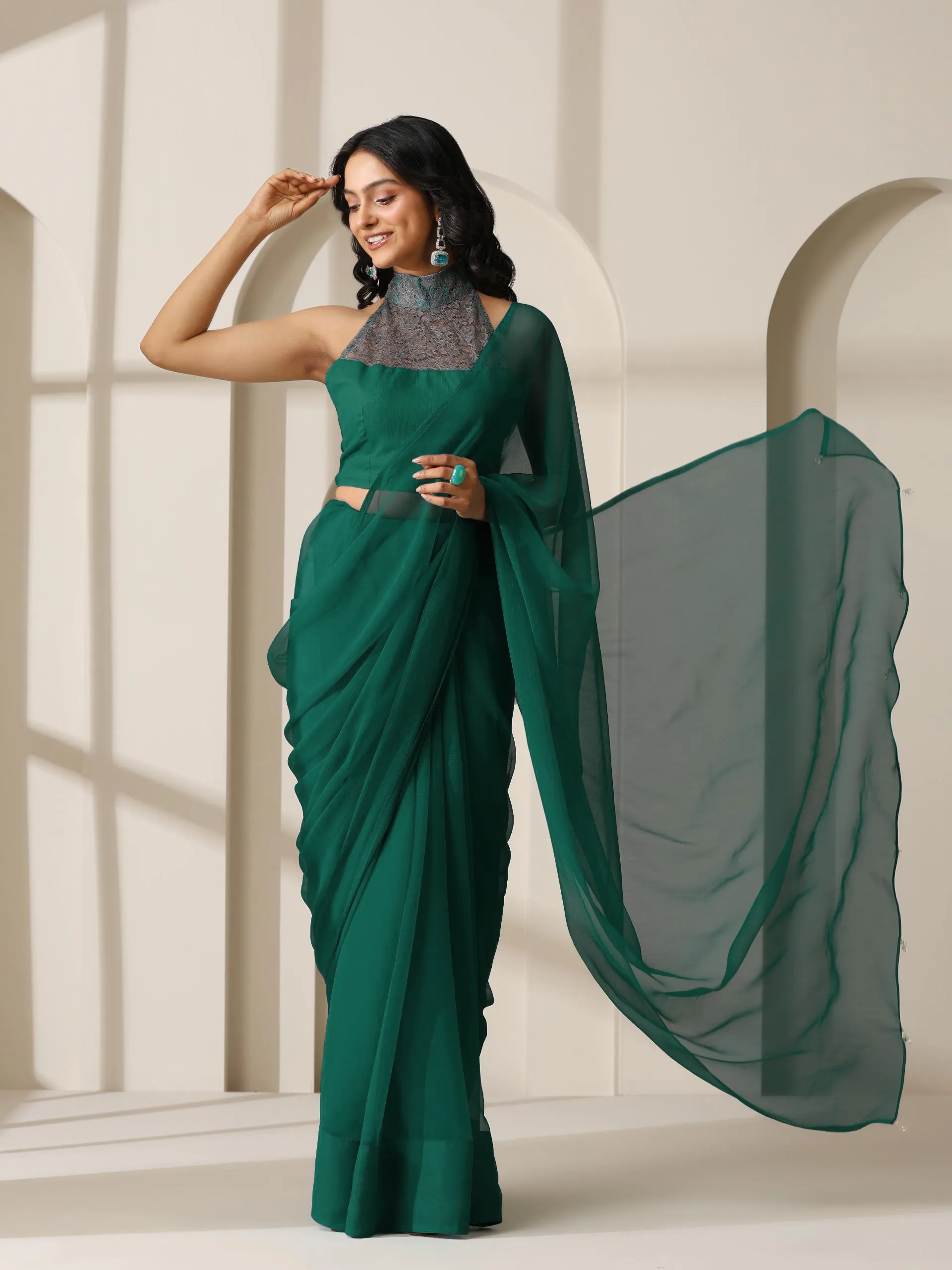 Vivid Sea Green Chiffon Saree with Self Blouse Fabric