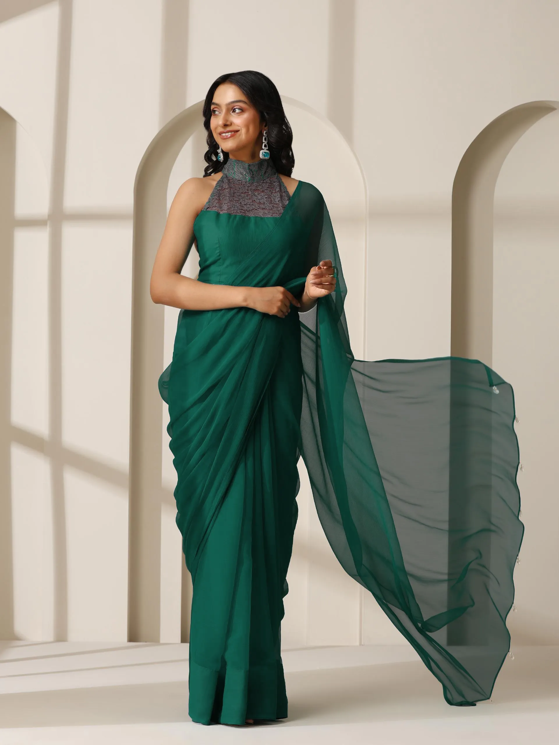 Vivid Sea Green Chiffon Saree with Self Blouse Fabric