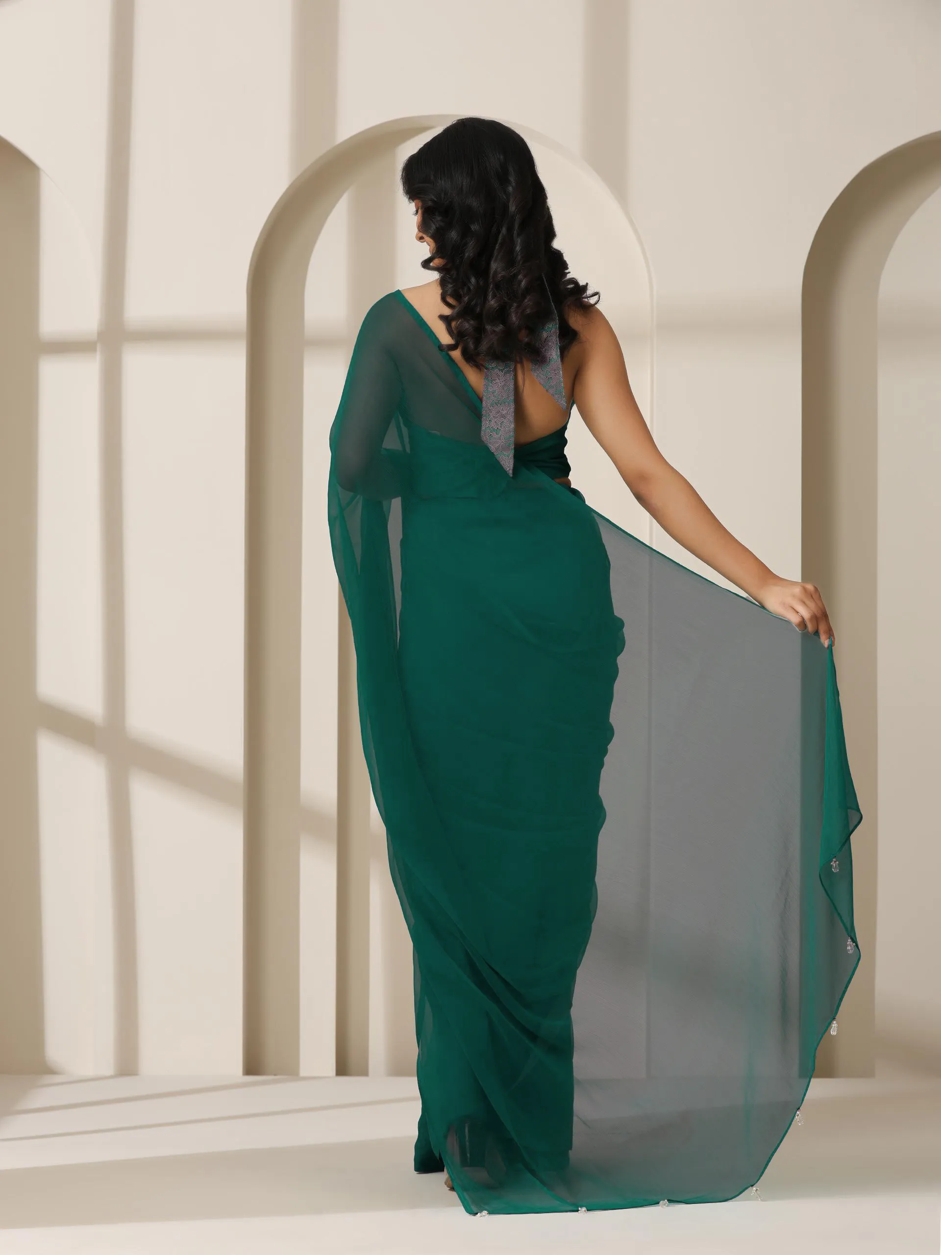 Vivid Sea Green Chiffon Saree with Self Blouse Fabric