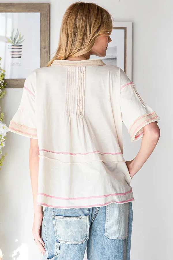 WASHED PINTUCK V NECK SHORT SLEEVE TOP-Cream