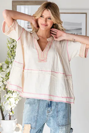 WASHED PINTUCK V NECK SHORT SLEEVE TOP-Cream