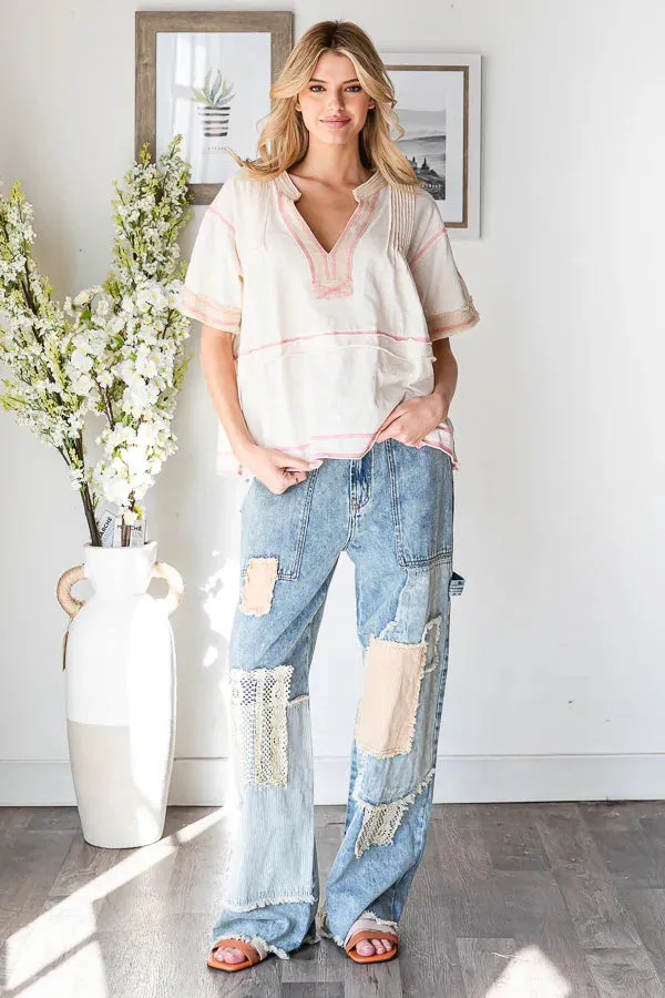 WASHED PINTUCK V NECK SHORT SLEEVE TOP-Cream