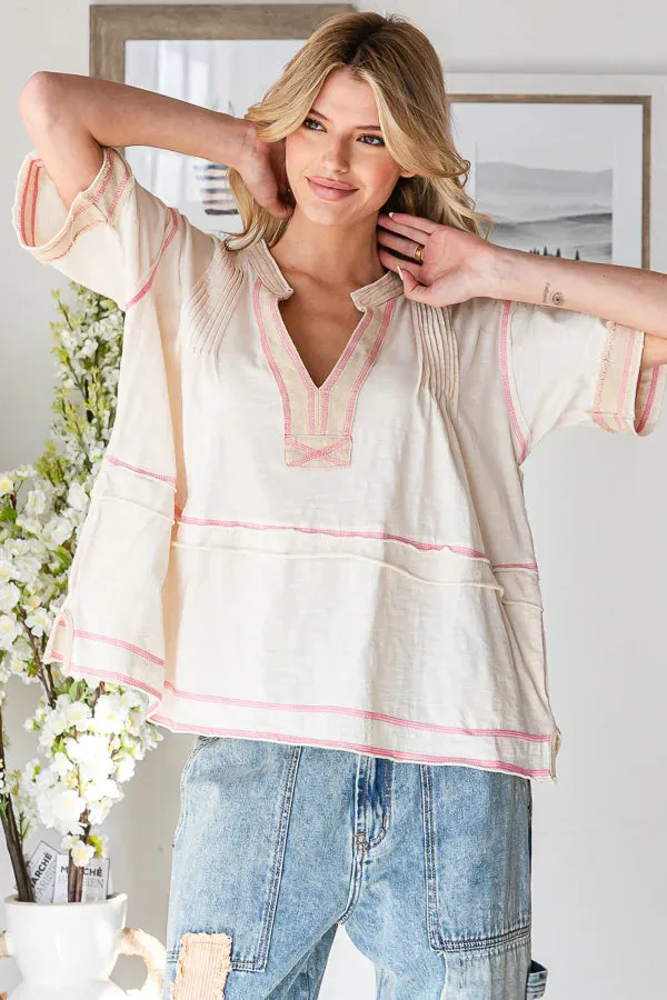 WASHED PINTUCK V NECK SHORT SLEEVE TOP-Cream