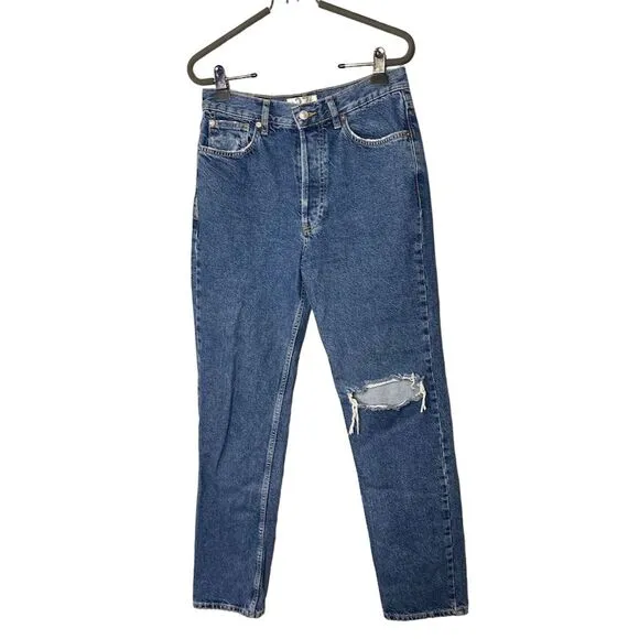 We The Free Women's Distressed High-Rise Straight Jeans Size 27 Blue