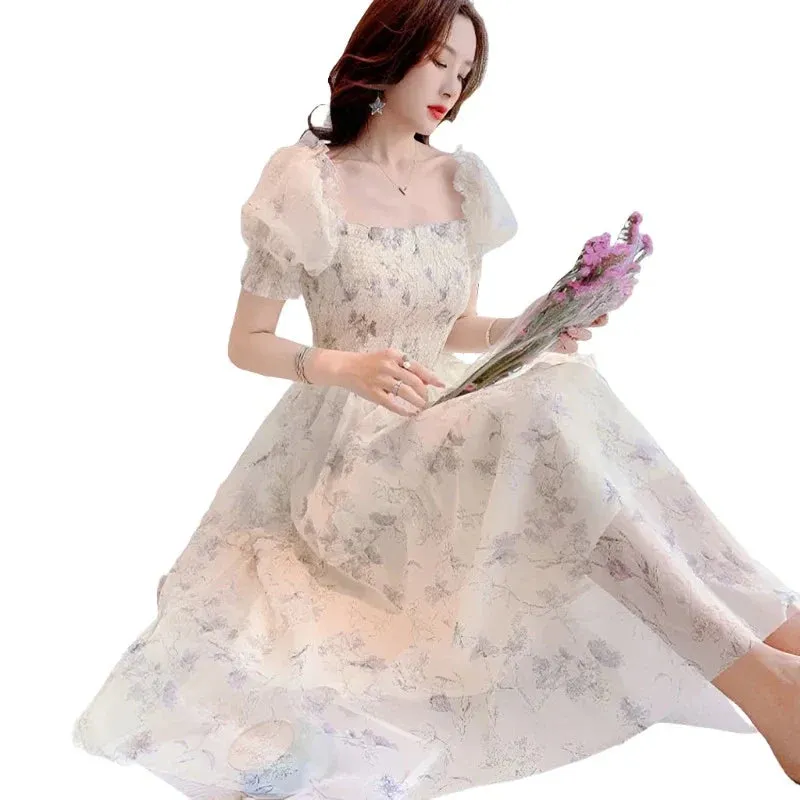White Chiffon Long Dress Casual Floral Party Dress Elegant Short Sleeve Fairy Dresses Women