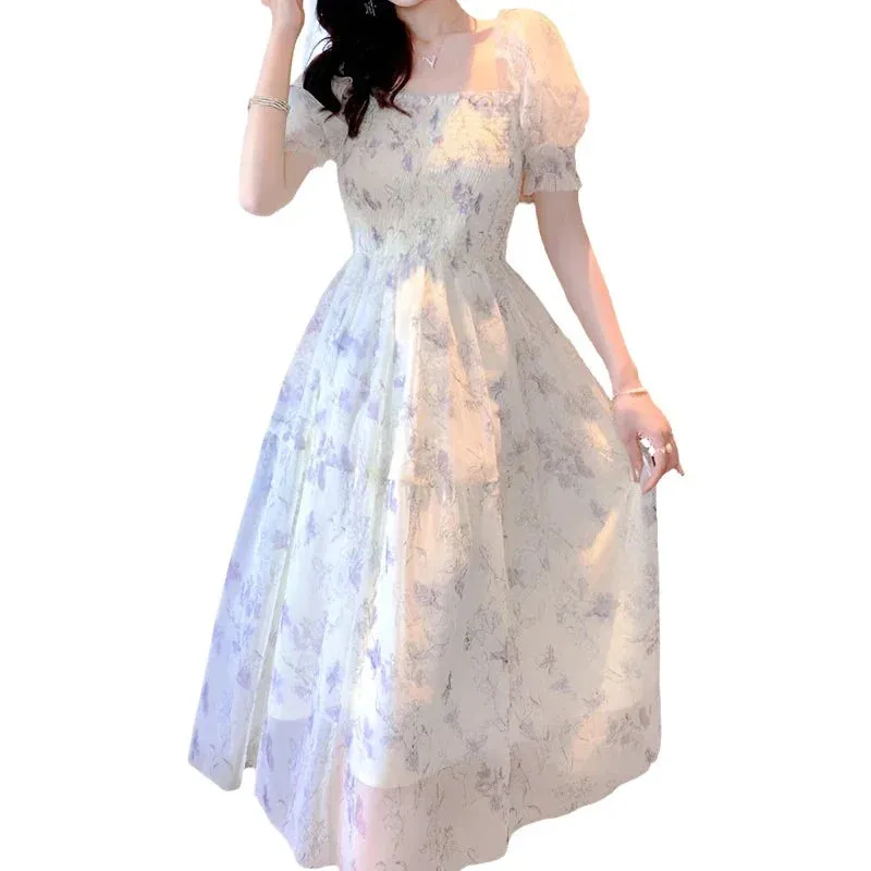 White Chiffon Long Dress Casual Floral Party Dress Elegant Short Sleeve Fairy Dresses Women
