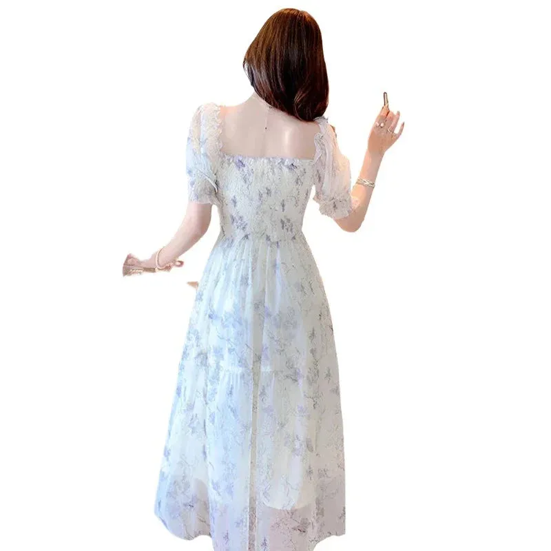White Chiffon Long Dress Casual Floral Party Dress Elegant Short Sleeve Fairy Dresses Women