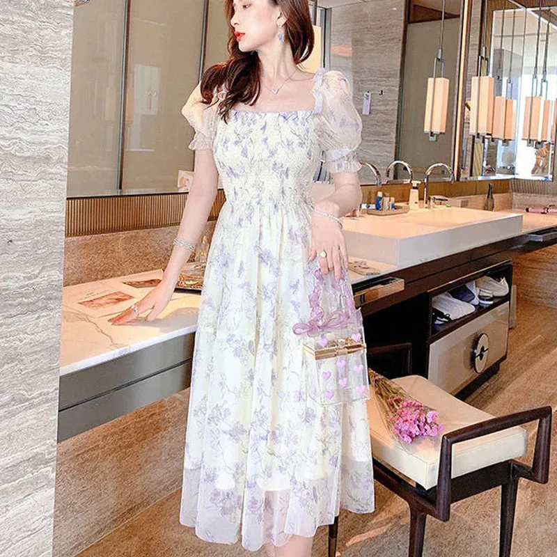 White Chiffon Long Dress Casual Floral Party Dress Elegant Short Sleeve Fairy Dresses Women
