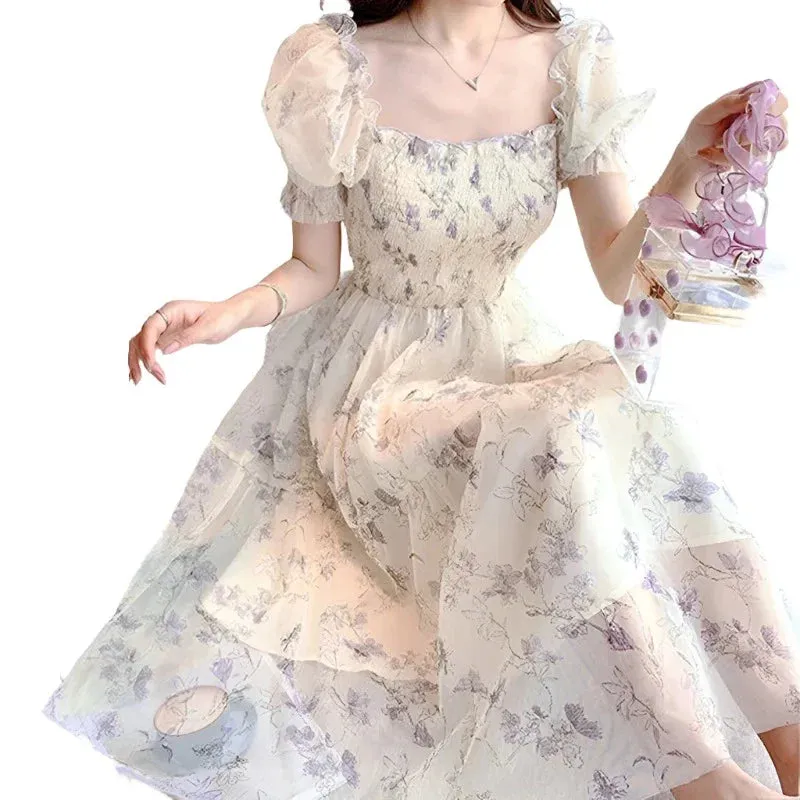 White Chiffon Long Dress Casual Floral Party Dress Elegant Short Sleeve Fairy Dresses Women