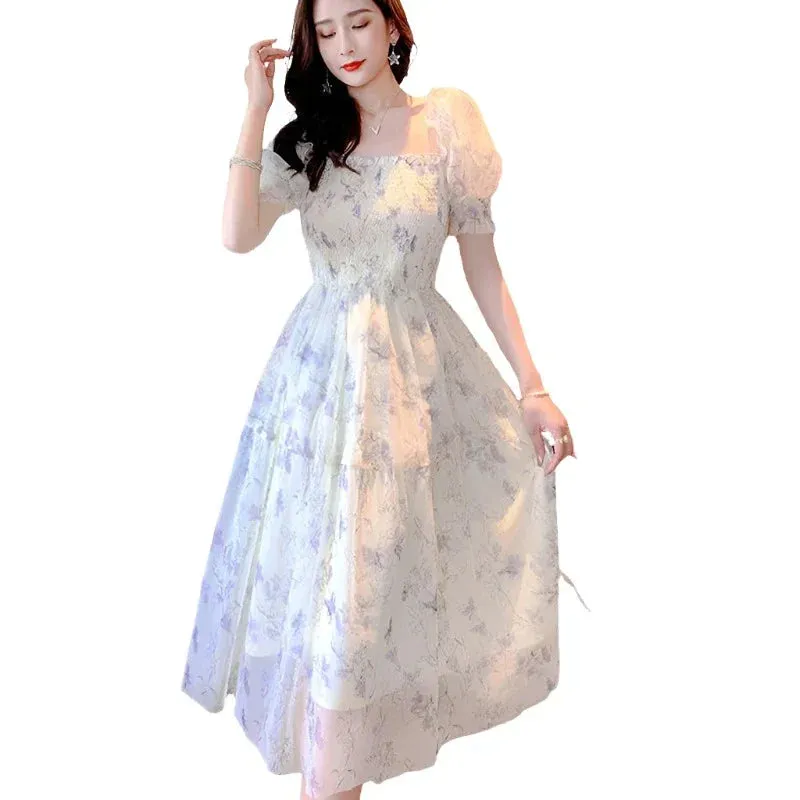 White Chiffon Long Dress Casual Floral Party Dress Elegant Short Sleeve Fairy Dresses Women