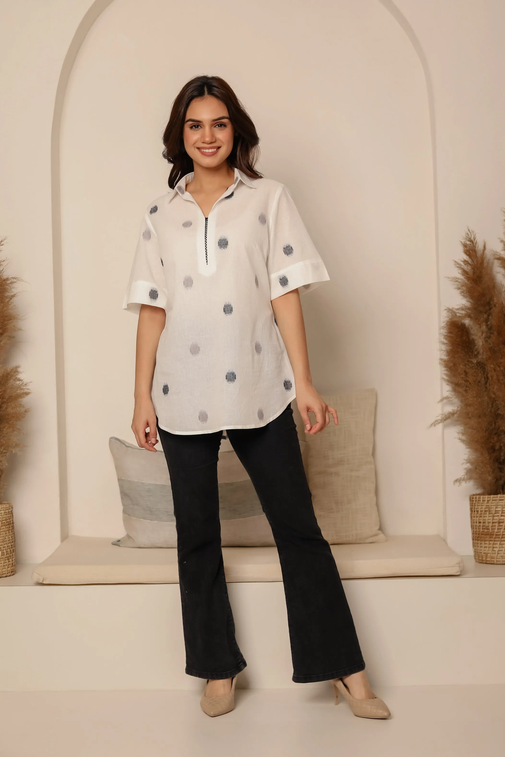 White Cotton Woven Ready To Wear Relaxed Fit Top