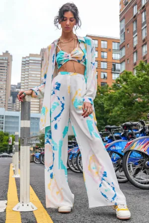 Willow offwhite ikat print shirt jacket, bustier and palazzo