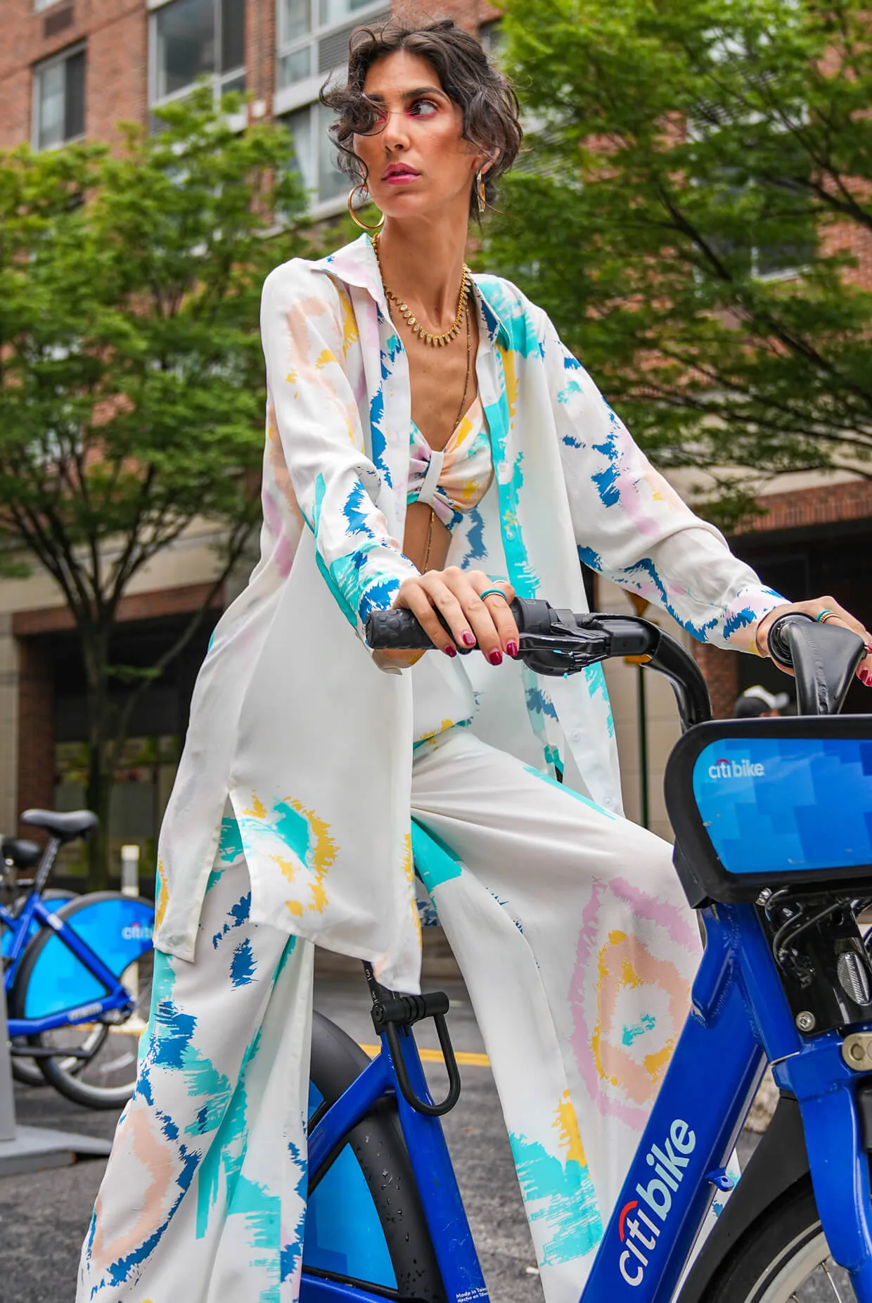 Willow offwhite ikat print shirt jacket, bustier and palazzo