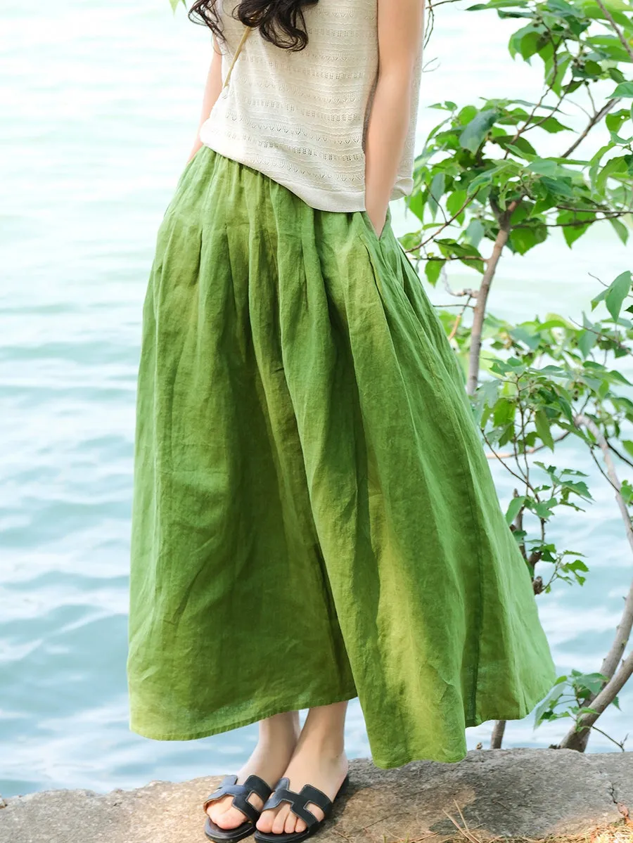 Women Summer Casual Pure Color 100%Linen Skirt