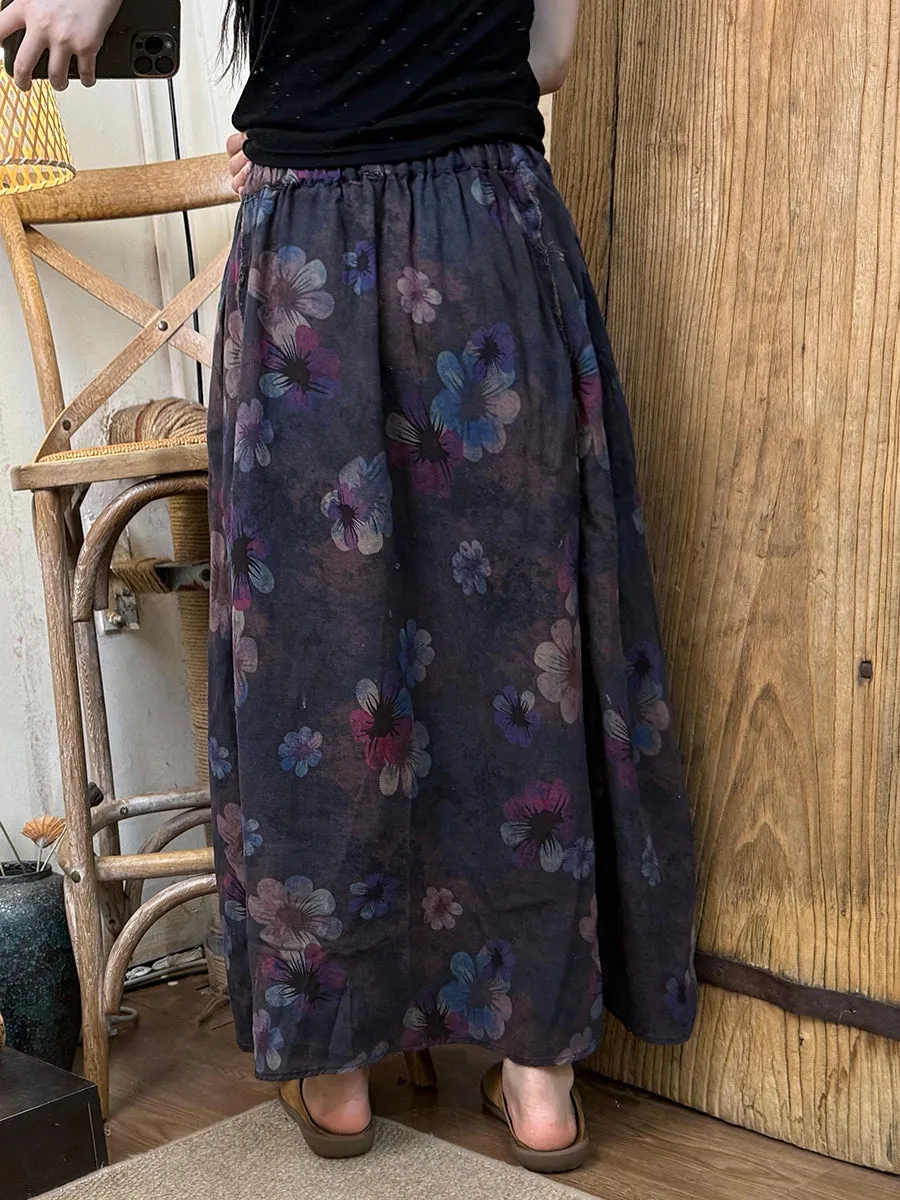 Women Summer Retro Flower Raw-edge Cotton Skirt