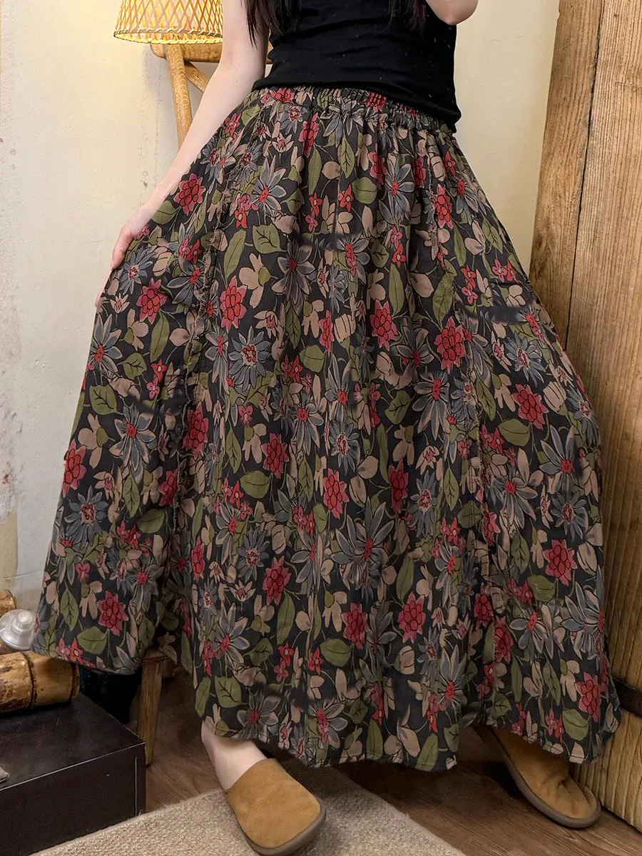 Women Summer Retro Flower Raw-edge Cotton Skirt