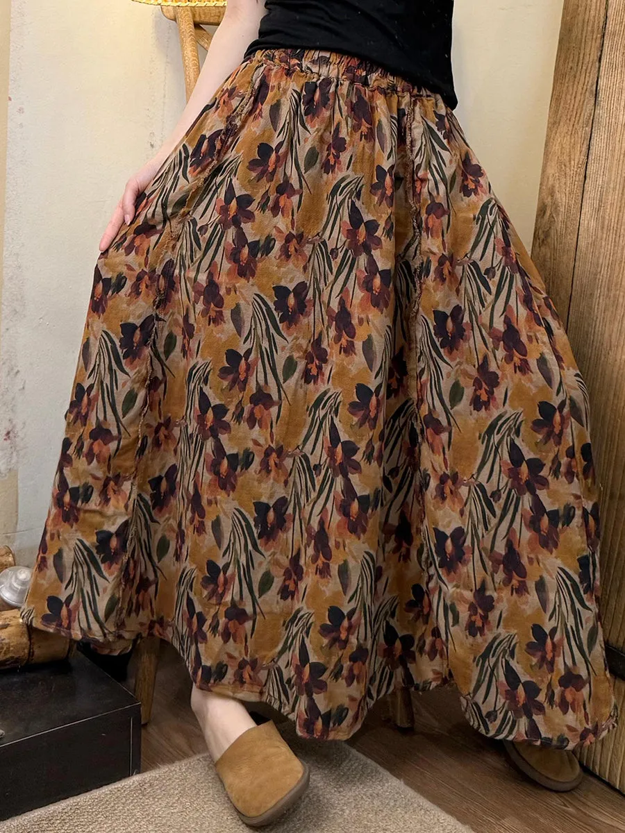 Women Summer Retro Flower Raw-edge Cotton Skirt