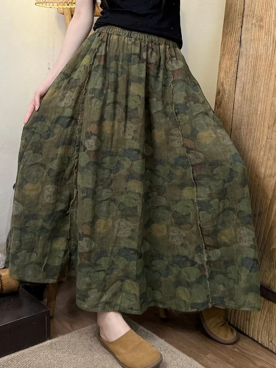 Women Summer Retro Flower Raw-edge Cotton Skirt