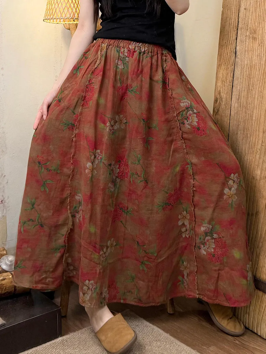 Women Summer Retro Flower Raw-edge Cotton Skirt