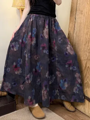 Women Summer Retro Flower Raw-edge Cotton Skirt
