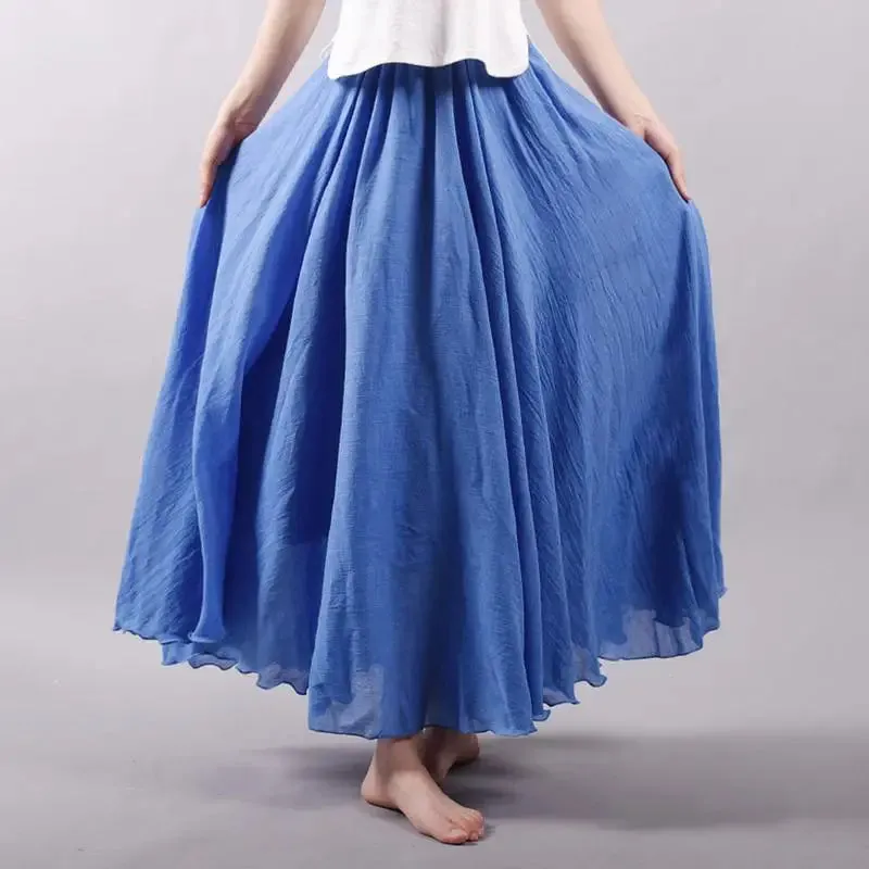 Women's Elegant High Waist Linen Maxi Skirt 2023 Summer Ladies Casual Elastic Waist 2 Layers Skirts saia feminina 20 Colors SK53