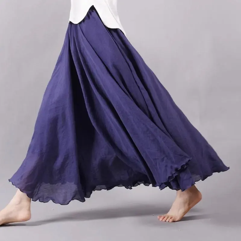 Women's Elegant High Waist Linen Maxi Skirt 2023 Summer Ladies Casual Elastic Waist 2 Layers Skirts saia feminina 20 Colors SK53