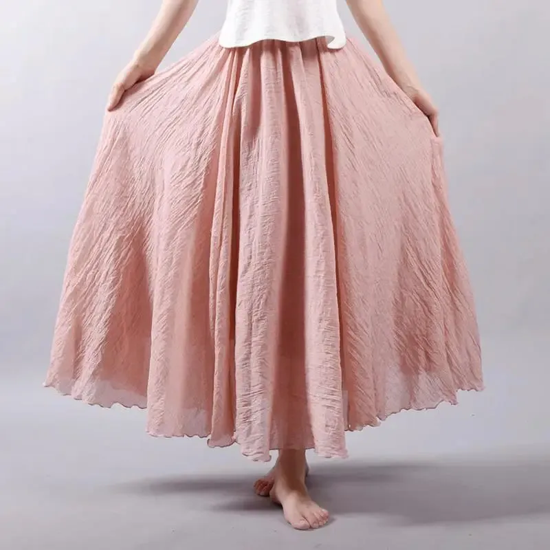 Women's Elegant High Waist Linen Maxi Skirt 2023 Summer Ladies Casual Elastic Waist 2 Layers Skirts saia feminina 20 Colors SK53