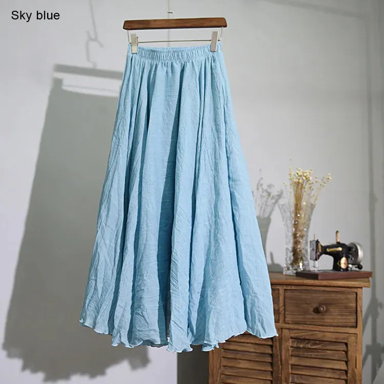 Women's Elegant High Waist Linen Maxi Skirt 2023 Summer Ladies Casual Elastic Waist 2 Layers Skirts saia feminina 20 Colors SK53