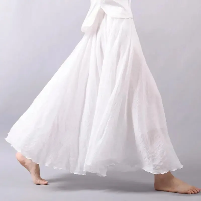 Women's Elegant High Waist Linen Maxi Skirt 2023 Summer Ladies Casual Elastic Waist 2 Layers Skirts saia feminina 20 Colors SK53