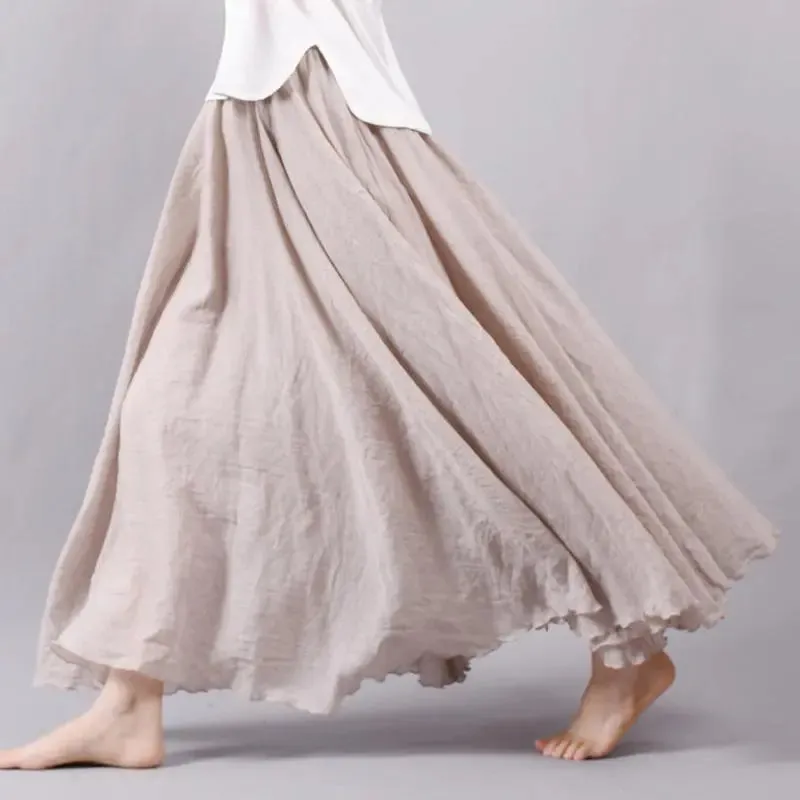 Women's Elegant High Waist Linen Maxi Skirt 2023 Summer Ladies Casual Elastic Waist 2 Layers Skirts saia feminina 20 Colors SK53
