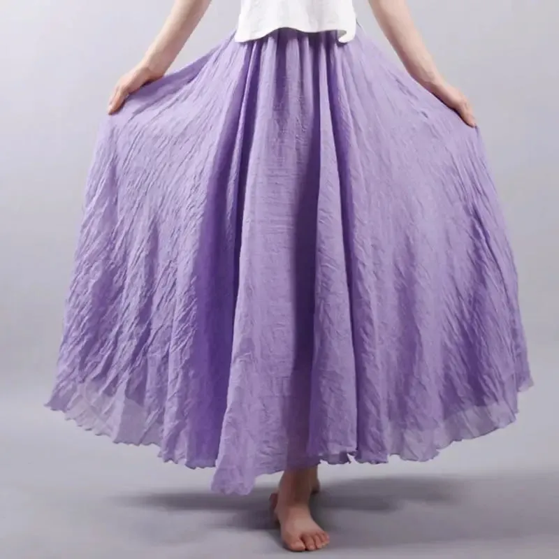 Women's Elegant High Waist Linen Maxi Skirt 2023 Summer Ladies Casual Elastic Waist 2 Layers Skirts saia feminina 20 Colors SK53