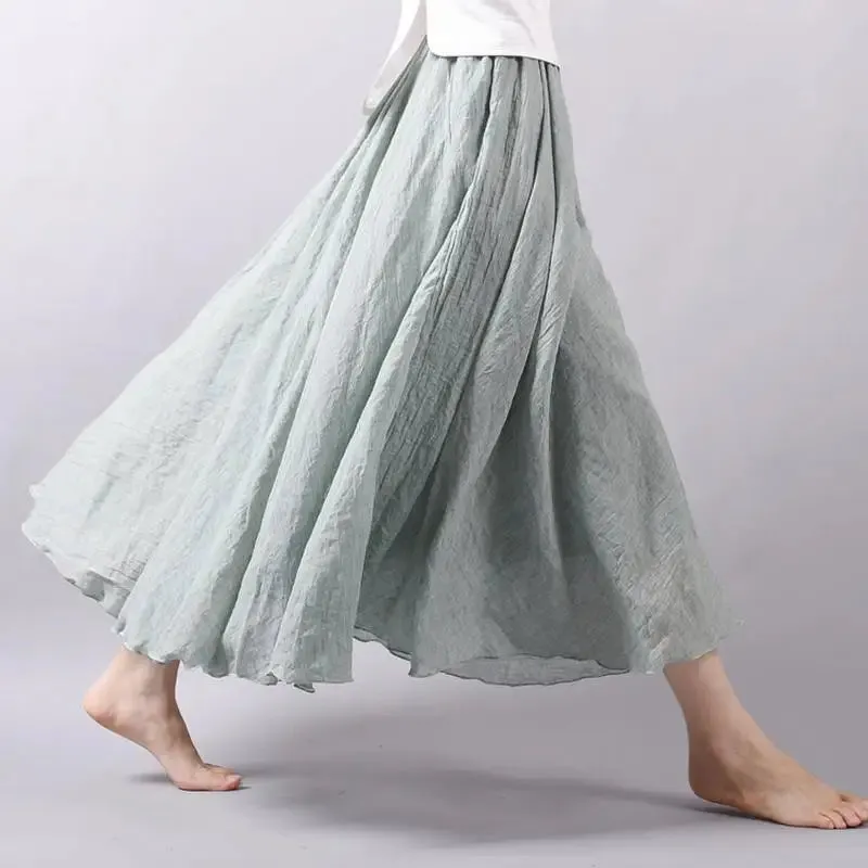 Women's Elegant High Waist Linen Maxi Skirt 2023 Summer Ladies Casual Elastic Waist 2 Layers Skirts saia feminina 20 Colors SK53