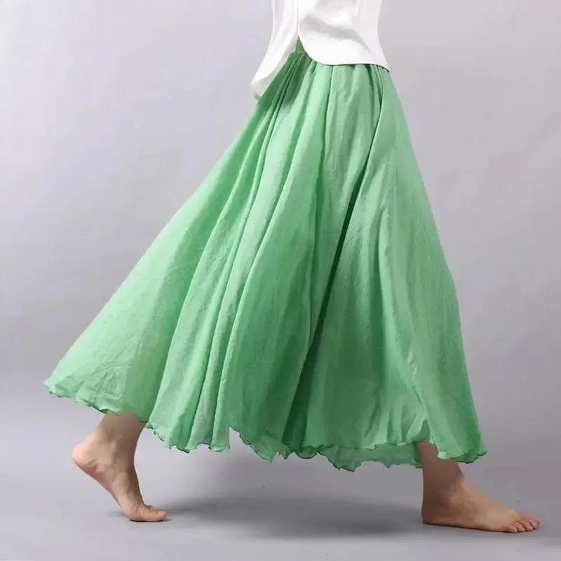 Women's Elegant High Waist Linen Maxi Skirt 2023 Summer Ladies Casual Elastic Waist 2 Layers Skirts saia feminina 20 Colors SK53