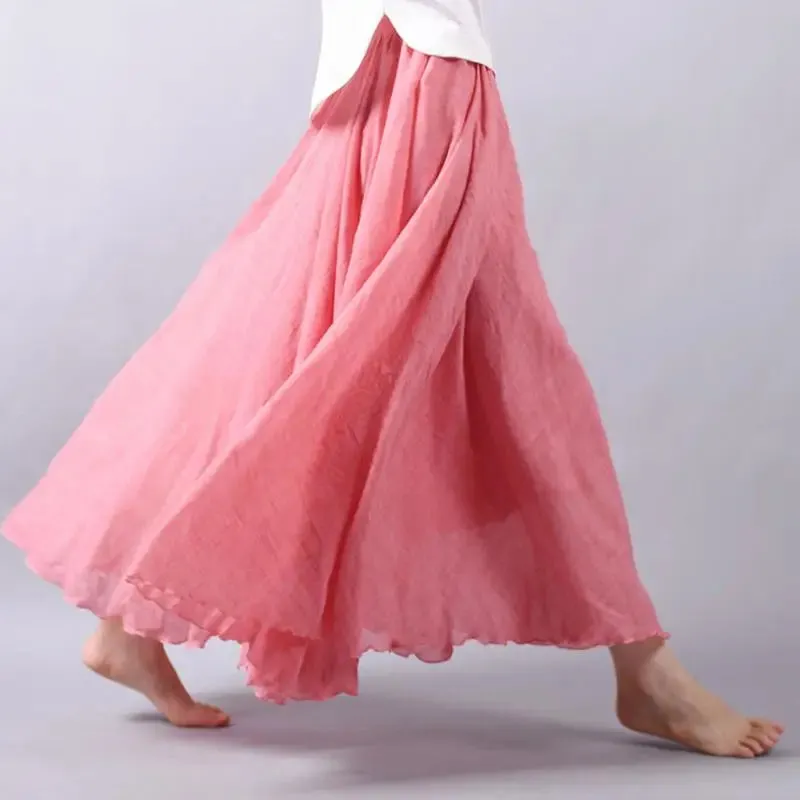 Women's Elegant High Waist Linen Maxi Skirt 2023 Summer Ladies Casual Elastic Waist 2 Layers Skirts saia feminina 20 Colors SK53