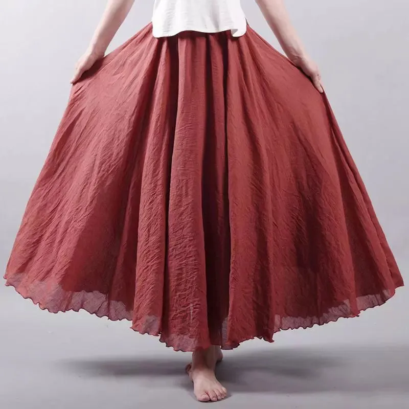 Women's Elegant High Waist Linen Maxi Skirt 2023 Summer Ladies Casual Elastic Waist 2 Layers Skirts saia feminina 20 Colors SK53