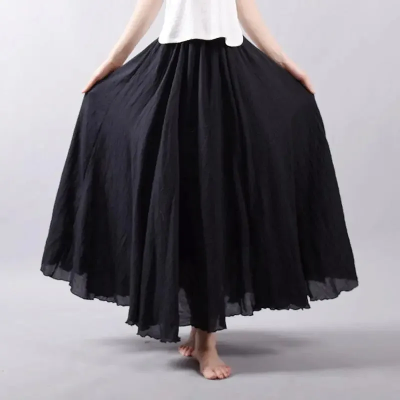 Women's Elegant High Waist Linen Maxi Skirt 2023 Summer Ladies Casual Elastic Waist 2 Layers Skirts saia feminina 20 Colors SK53