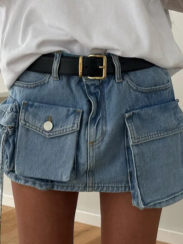 Women's Irregular Big Pocket High Waist Zipper Denim Skirt