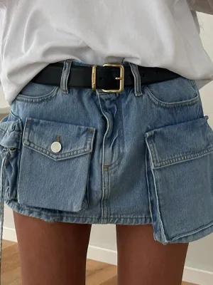 Women's Irregular Big Pocket High Waist Zipper Denim Skirt
