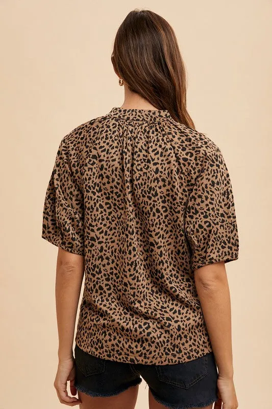 Women's Leopard Print Puff Sleeve Knit Blouse – Relaxed Fit Top