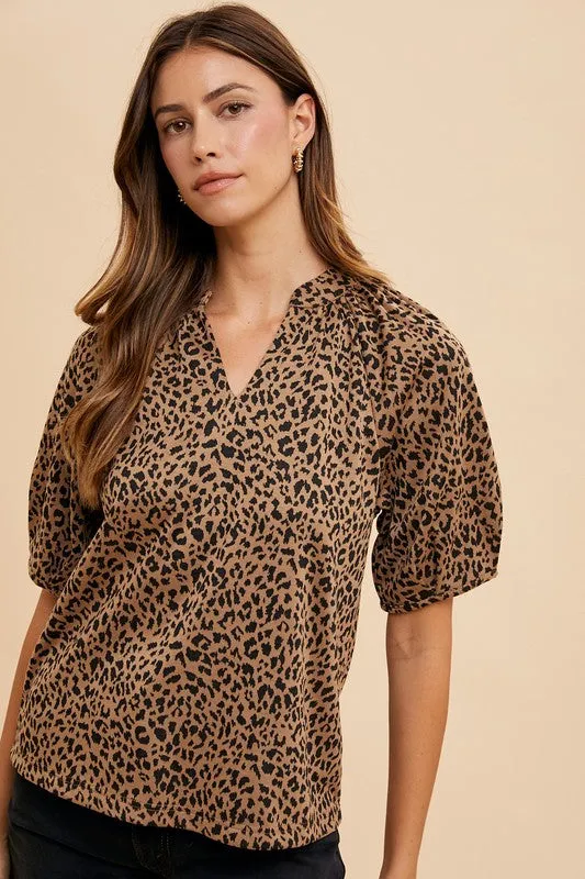 Women's Leopard Print Puff Sleeve Knit Blouse – Relaxed Fit Top