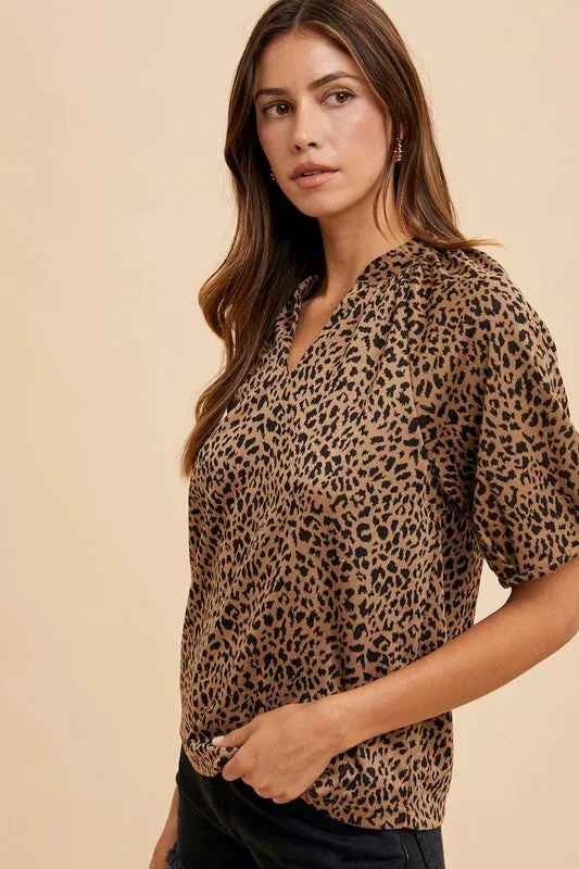 Women's Leopard Print Puff Sleeve Knit Blouse – Relaxed Fit Top