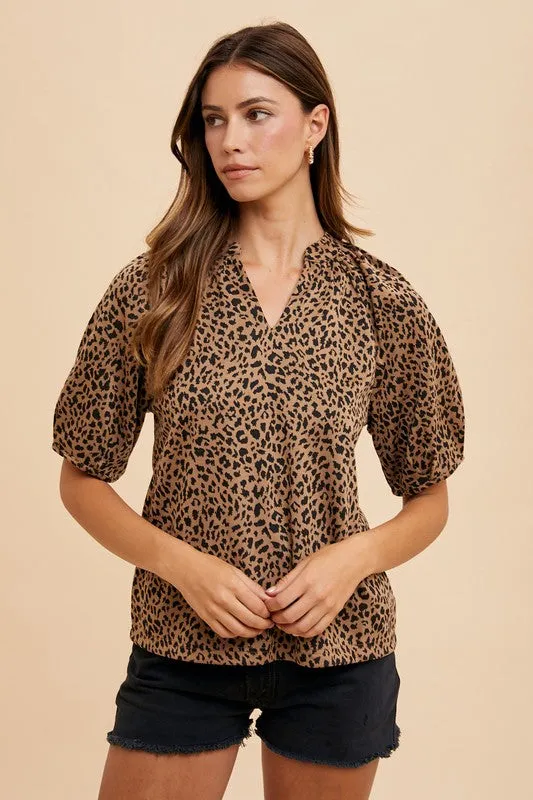 Women's Leopard Print Puff Sleeve Knit Blouse – Relaxed Fit Top