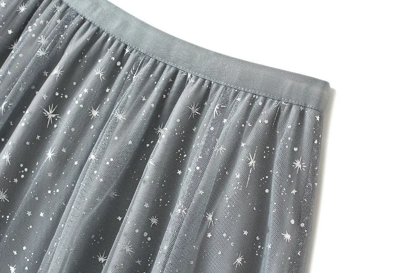 Women's Mid Length Sequin Star Mesh Gauze Skirt