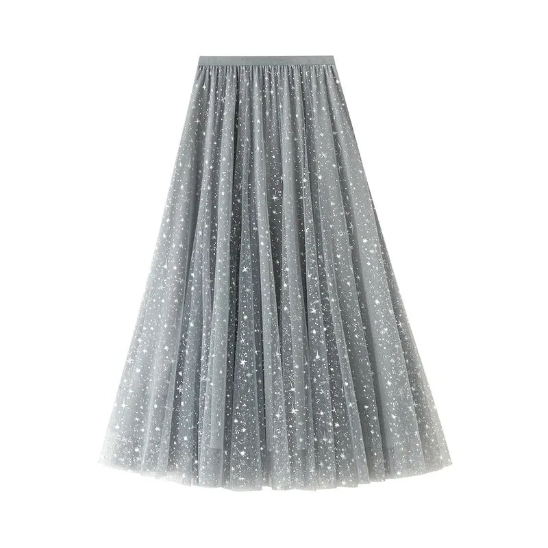 Women's Mid Length Sequin Star Mesh Gauze Skirt