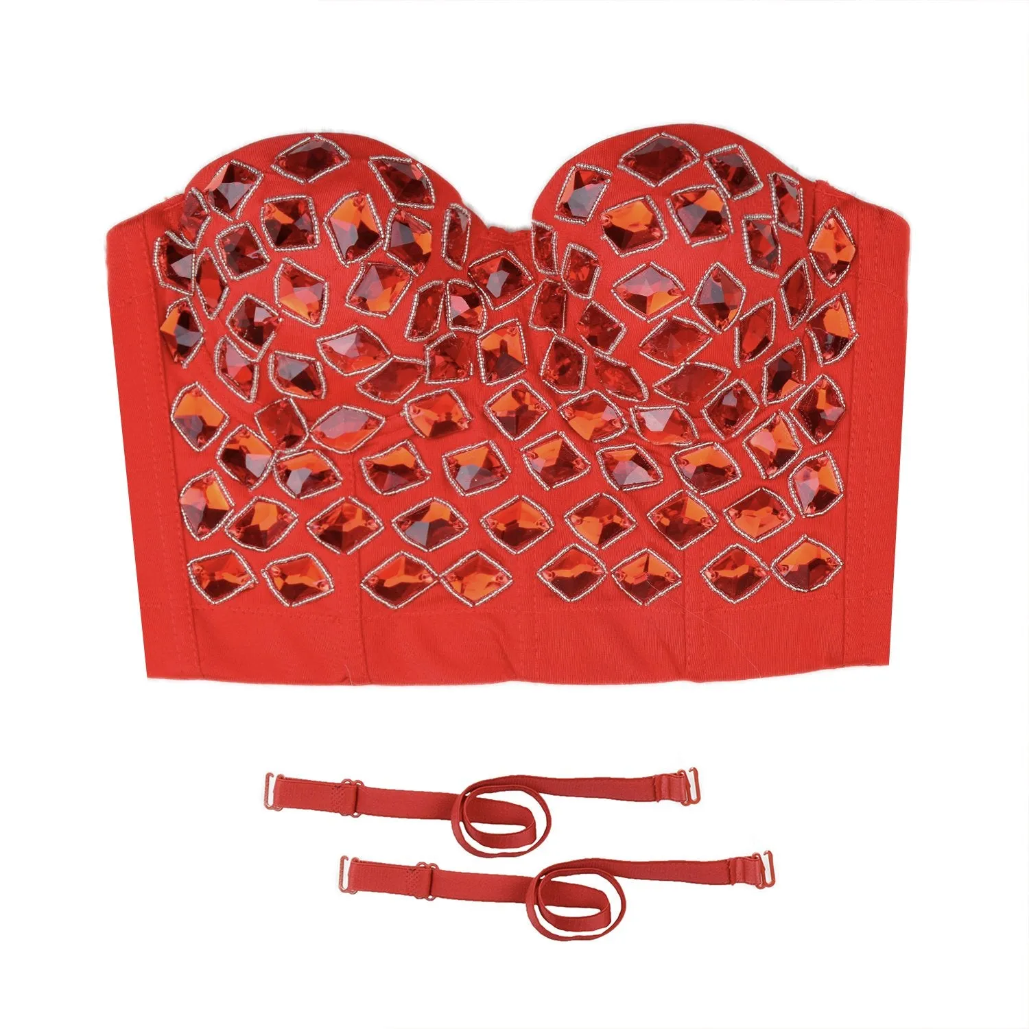 Women's Red Rhinestone Beaded Punk Bustier Crop Top Party Club Corset Bra