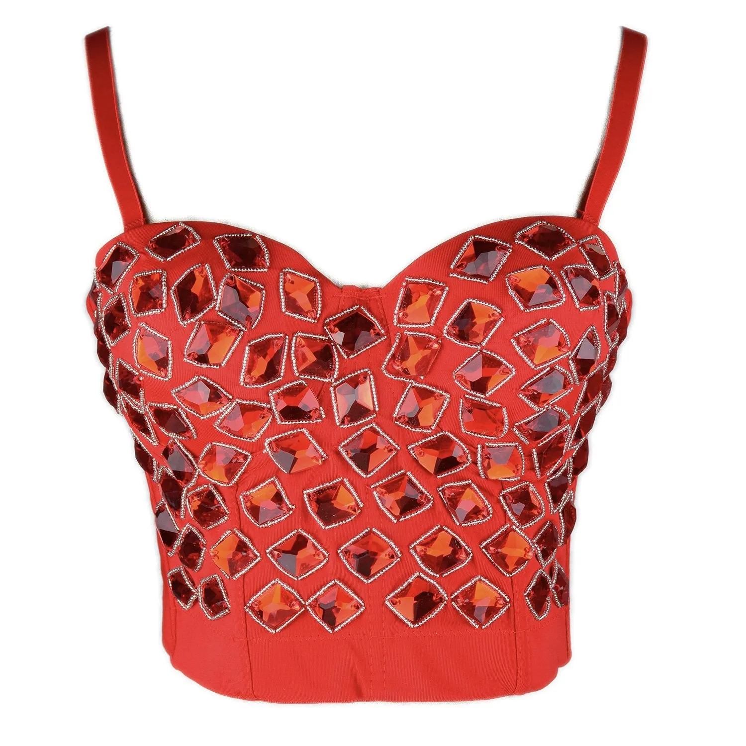 Women's Red Rhinestone Beaded Punk Bustier Crop Top Party Club Corset Bra