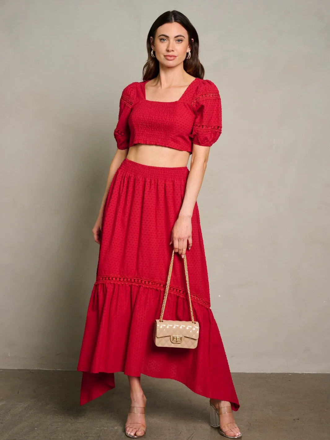 WOMEN'S SHORT SLEEVE CROP TOP & MAXI SKIRT SWISS DETAILED 2PC. SET
