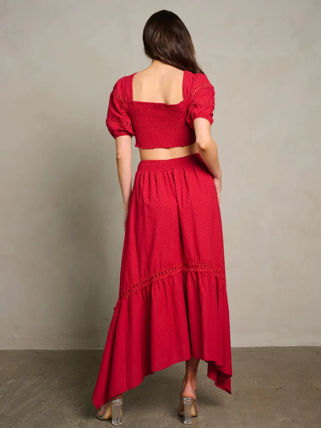 WOMEN'S SHORT SLEEVE CROP TOP & MAXI SKIRT SWISS DETAILED 2PC. SET