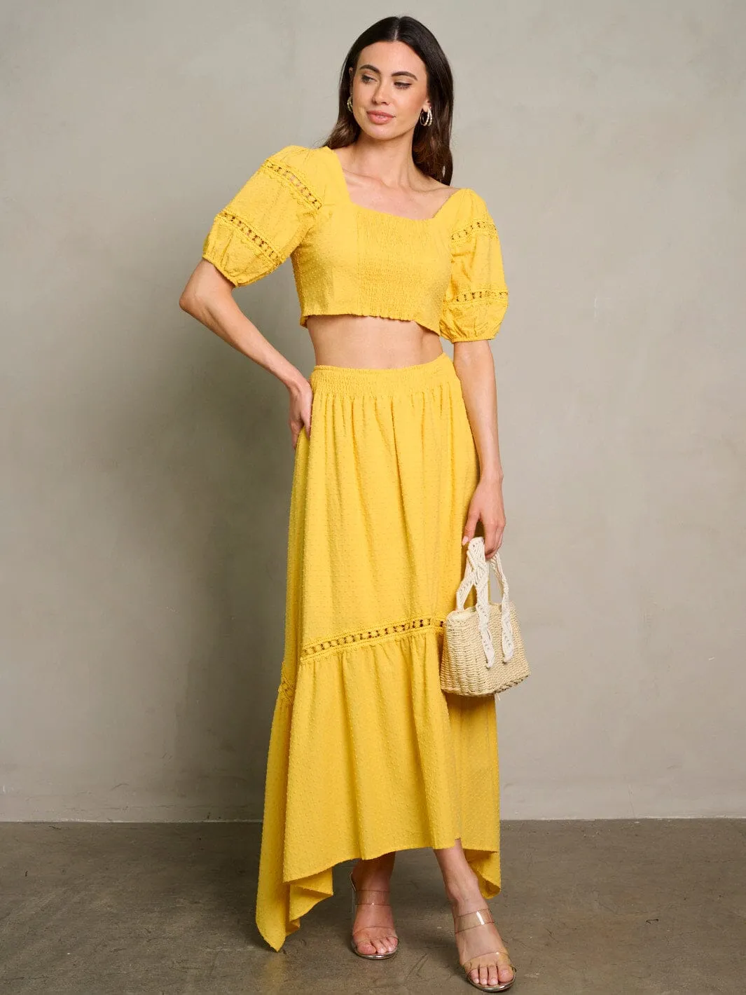WOMEN'S SHORT SLEEVE CROP TOP & MAXI SKIRT SWISS DETAILED 2PC. SET